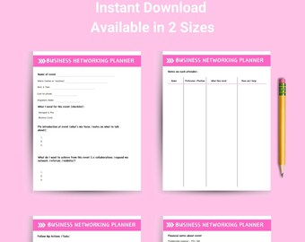 May include: A printable business networking event planner in two sizes, A4 and letter. The planner includes sections for event details, notes on attendees, follow-up actions, financial notes, and things to consider for the next event.
