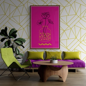 Póster minimalista de flores en jarrón, dibujo lineal de flores, arte para sala de estar, regalo para nuevo hogar, descarga de arte de pared imprimible, póster para oficina en casa