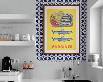Retro sardiner konsttryck: Köksmatposter (digital nedladdning)