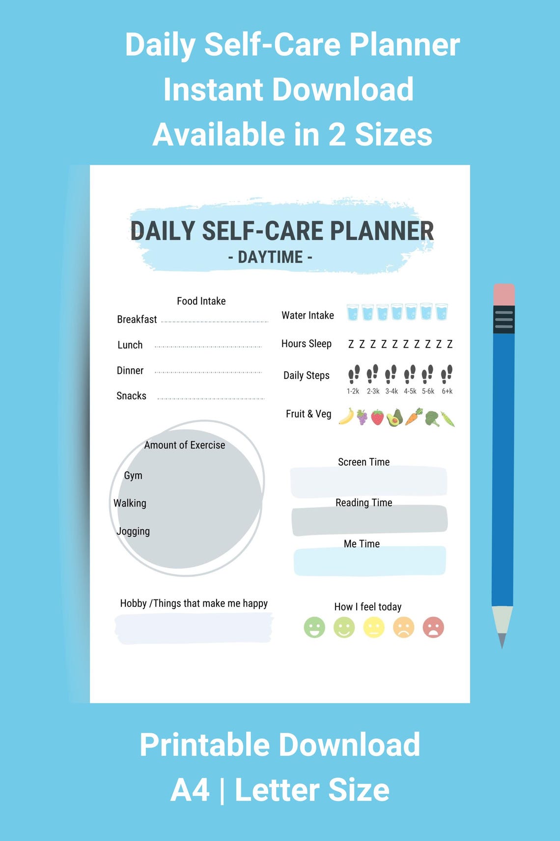 Daily Self Care Planner Printable Instant Download Wellness Tracker ...