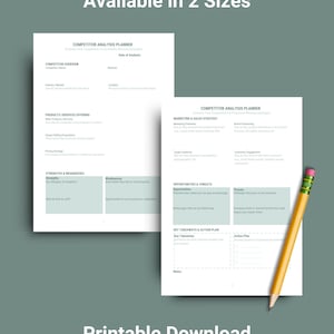 Könnte beinhalten: Ein druckbarer Wettbewerbsanalyse-Planer in zwei Größen, A4 und Letter, mit Abschnitten für die Wettbewerbsübersicht, Produkte und Dienstleistungen, Stärken und Schwächen, Chancen und Risiken, Marketing- und Vertriebsstrategie, wichtige Erkenntnisse und Aktionsplan.