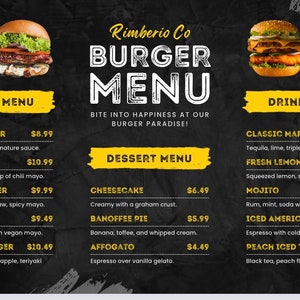 Precios de menú de restaurante moderno y profesional.