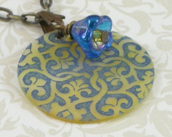 Victorian Motif Shell Pendant - Blue and Mother of Pearl