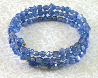 SALE Beaded Memory Wire Bangle Bracelet - Luster Blue