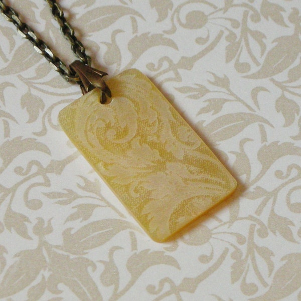 Victorian Scroll Rectangular Shell Pendant Necklace - Cream Mother of Pearl