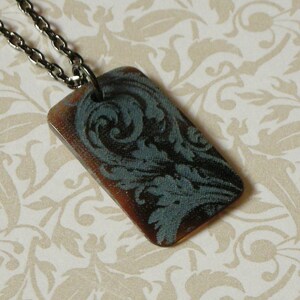 Victorian Scroll Rectangular Pendant Necklace Blue image 1