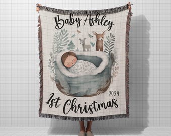 Personalized Baby's 1st Christmas Woven Blanket, Cozy Nursery Decor, Newborn Gift, Baby Shower Keepsake, Custom Baby Blanket