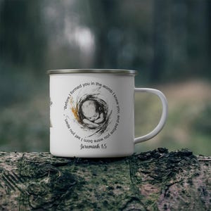 Inspirational Enamel Camping Mug, Faith-Based Travel Cup, Christian Gift, Outdoor Adventure Mug, Religious Coffee Mug, Bible Verse Decor