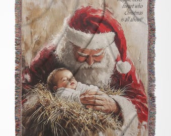 Christmas Woven Blanket, Santa with Baby Jesus Holiday Throw, Religious Xmas Home Decor, Cozy Winter Blanket, Festive Tapestry Gift,