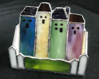 House Business Card Holder Stained Glass Handmade Signed Realtor Houses