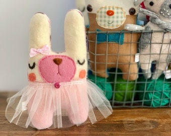 Honey Bunny Ballerina - Stuffed Plush Needle Felted and Embroidered Art Doll Friend, Felt Bunny Doll, Cute Children's Toy