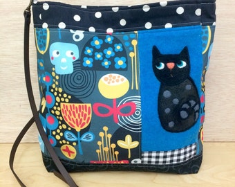 Black Cat Halloween Inspired Needle Felted Handbag made from Repurposed Wool and Custom Designed Fabrics by Vals Art Studio