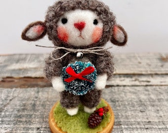 Little Holiday Lamb Wool Sculpture Needle Felted Woodland Doll on wood stand with ornaments, Cute Collectible Handmade by Val's Art Studio