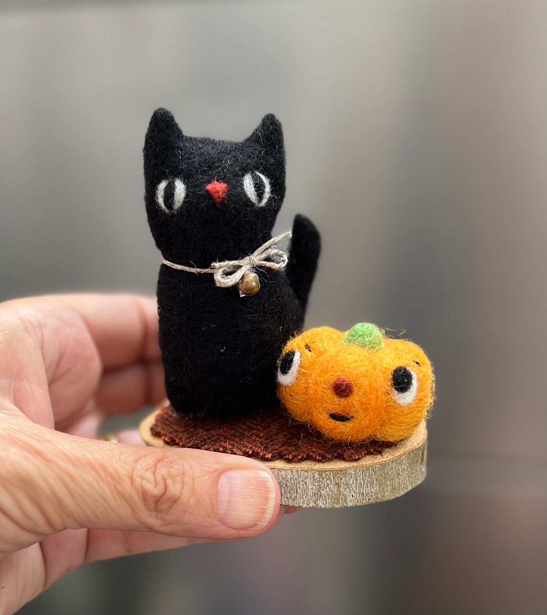 Black Cat on My Path Wool Sculpture Needle Felted Black Cat and Pumpkin ...