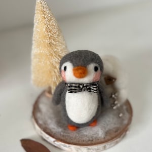 Mr. Penguin upon his Igloo Island Wool Sculpture on wood slice stand, Cute Collectible Handmade by Val's Art Studio