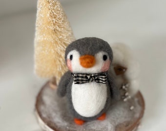 Mr. Penguin upon his Igloo Island Wool Sculpture on wood slice stand, Cute Collectible Handmade by Val's Art Studio