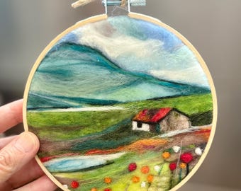 Charming Landscape Mountain Scene Needle Felted Wool Painting - Embroidery Hoop Art by Val's Art Studio, Unique Handmade w/ opt Sheep