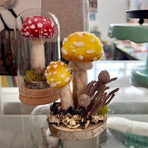 Happy Mushroom(s) Wool Sculpture Needle Felted atop wood stand, with opt glass cloche, Cute Collectible Handmade by Val's Art Studio