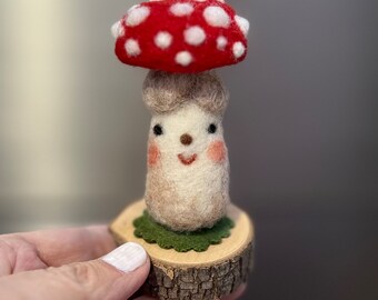 Needle Felted Mushroom Sculpture, Wool Collectible on Wood Stand