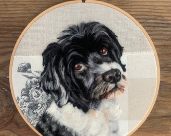 Taking NO RUSH Custom Pet 6” or 8” Hoop Wool Painting Order on Patchwork Fabrics - Personalized Needle Felted Dog or Cat Wool Portrait