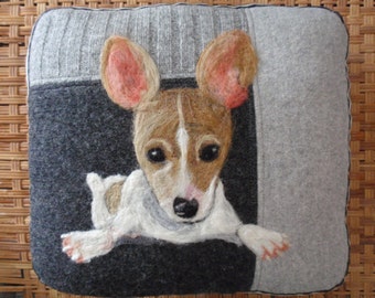 Taking Custom Needle Felted Dog or Cat Personalized Wool Pet Pillows from Repurposed Sweaters by ValsArtStudio