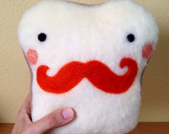 Plush Bread - Mr. Mustache Toast Pillow - Stuffed Needle Felted Friend Handmade by Val's Art Studio, Cute Food Bread Pillow, Felt Toast