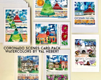 Set of 6 Greeting Cards & Envelopes of Coronado Scenes - Prints from my Original Watercolor or Mixed Media Paintings by ValsArtStudio