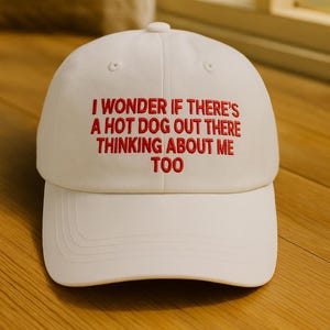 I Wonder If There&#39;s A Hot Dog Out There Thinking About Me Too Embroidered Hat, Summer Trucker Hat, Blue Striped Bill Hat, Funny Hat Gift