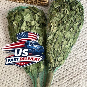 May include: Two bundles of green birch leaves, wrapped in green netting. The leaves are a vibrant green color. The image includes a logo with the text "US Fast Delivery" and an American flag.