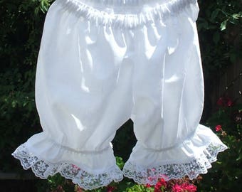 Ready now!  Girls Small White Short Bloomers with Lace Trim