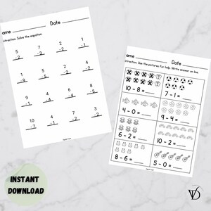 Beginner Subtraction Worksheets for Kids – Printable Math Practice PDF – 3 Pages – 1st Grade & Kindergarten – Instant Download
