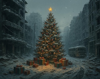 Escena navideña distópica PNG: Fondo de pantalla de ruinas de una ciudad nevada (descarga digital)