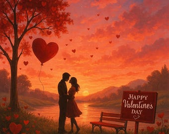 Paisaje romántico de atardecer de San Valentín: nubes en forma de corazón, lago resplandeciente, pétalos de rosa, cielo rosa de ensueño (descarga digital PNG)