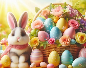 Conejo de Pascua y cesta de huevos - Escena floral primaveral - Descarga digital - Decoración de Pascua - Arte imprimible - JPG cuadrado 1024x1024