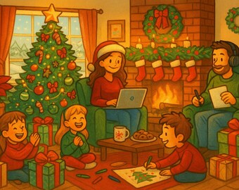 Acogedora escena familiar navideña: Sala de estar festiva PNG (Descarga digital)