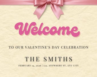 Letrero de bienvenida de San Valentín con lazo coqueto / Plantilla editable de Canva / Decoración retro rosa para fiesta de Galentine / Póster imprimible con lazo bonito