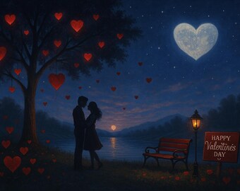 Paisaje romántico de San Valentín: luna en forma de corazón, faroles brillantes, pareja bajo un árbol, escena de río de ensueño (descarga digital PNG)