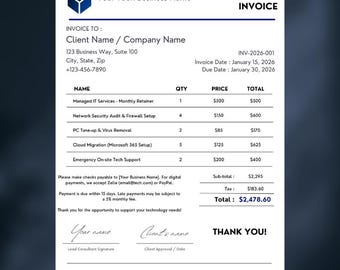 Plantilla de factura de Canva / Factura de consultor de TI / Formulario de facturación de soporte técnico / Recibo de proveedor de servicios gestionados (MSP) / Editable en CANVA