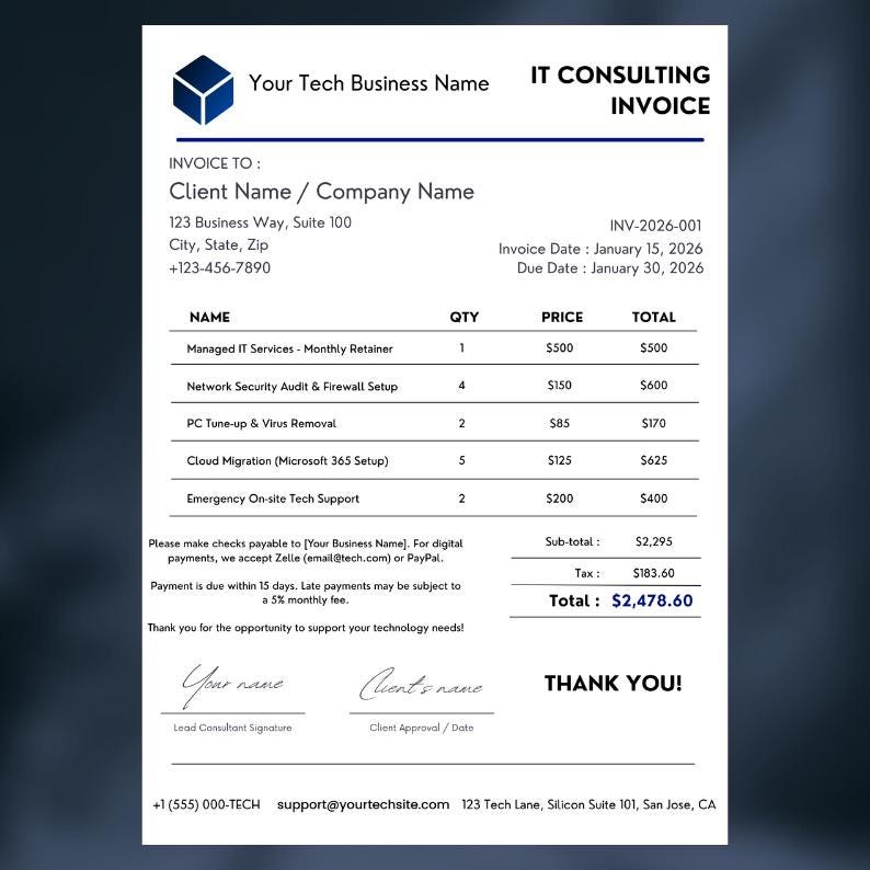 Provider Invoice Invoice Canva Template | IT Consultant Invoice | Tech Support Billing ...