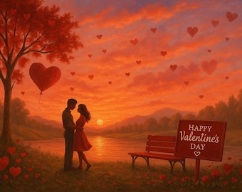 Imagen romántica del atardecer de San Valentín (3072 x 2048): nubes en forma de corazón, lago resplandeciente, pétalos de rosa y un cielo rosa de ensueño (PNG)