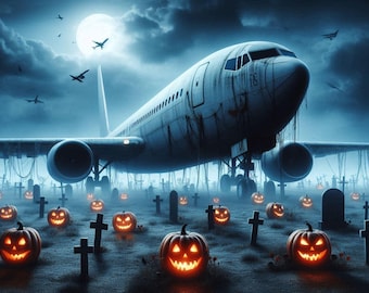 Horror de Halloween: avión en un cementerio (JPG 4K): arte digital espeluznante, escena de cementerio