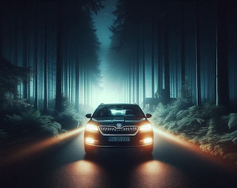 Paseo nocturno por el bosque: los faros de los coches Skoda iluminan el camino en 1080p digital - Arte con IA