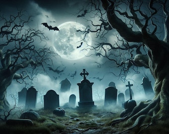 Imagen 4K de luna llena en un cementerio espeluznante: fondo de pantalla de Halloween (JPEG)