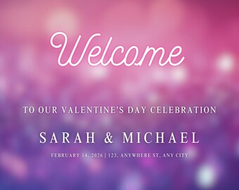 Plantilla de cartel de bienvenida de San Valentín / Canva editable / Decoración romántica para fiesta en rosa y morado / Descarga digital imprimible