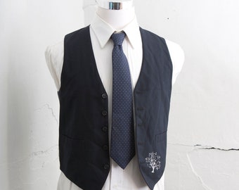 Men's 38 Suit Vest / Vintage Navy Waistcoat / Screen Printed Tree / Size Medium