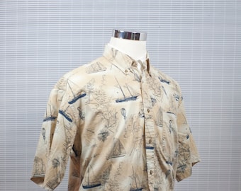 Men's Short Sleeved, Button Up Sailboat Shirt / Vintage Puritan Sailboat Summer Shirt / Size XL