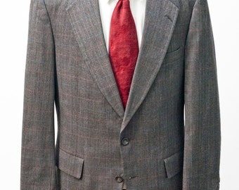 Men's Two-Piece Suit / Grey Windowpane Plaid Jacket / Vintage Size 42