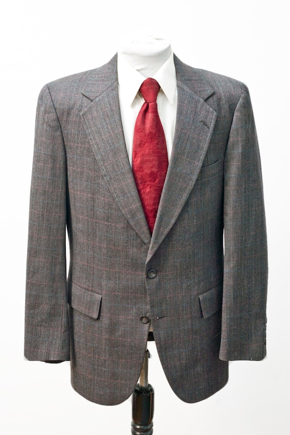 Men's Two-Piece Suit / Grey Windowpane Plaid Jacke