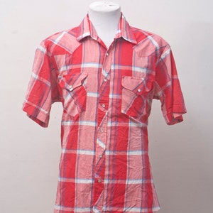 Men&#39;s Western Shirt / Vintage Short Sleeve Plaid Shirt / Size Large-XL