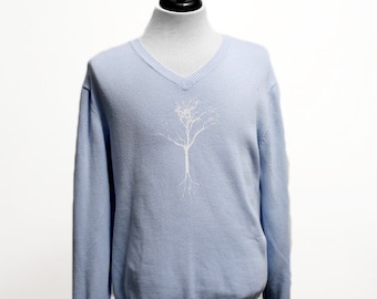 Men's Sweater / Gap Blue V-Neck Upcycled with Screen Printed Tree / Size Large